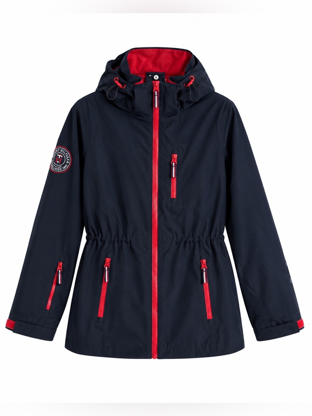 Tommy Hilfiger 3-in-1 Navy Hooded Ski Jacket with Red Trim – Size Large EUC
